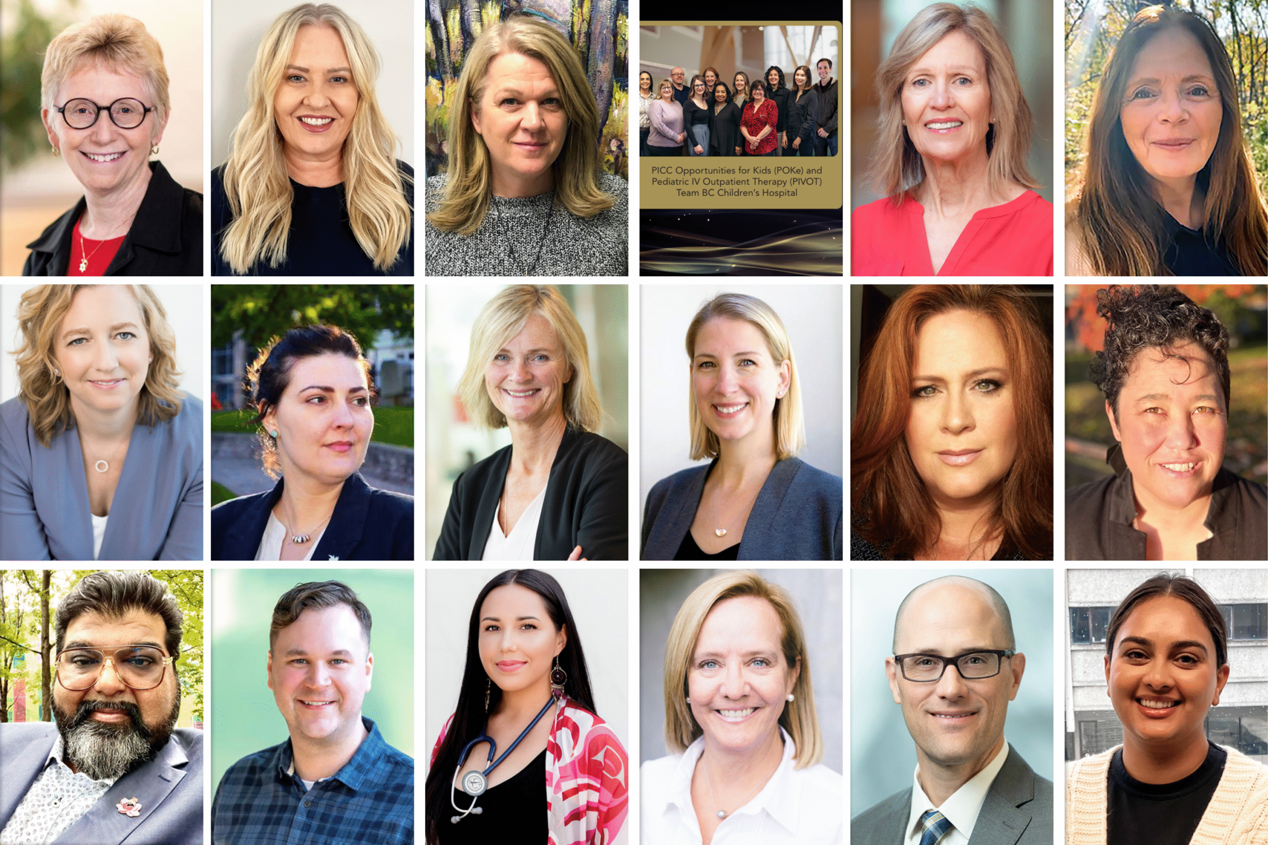 Grid of profile images of 2023 award recipients: Sally Thorne, Barbara Ann Nielsen, PICC Opportunities for Kids (POKe) and Pediatric IV Outpatient Therapy (PIVOT), Jill Mahy, Manuela Reekie, Natasha Prodan-Bhalla, Michele Anne Trask, Helen Brown, Leah Lambert, Alix Arndt, Jennifer Buck, Jag Tak, Scott M. Beck, Nikki Rose Hunter-Porter (Stuxstews), Barbara J Astle, Kevin Hare, Manveer Cheema