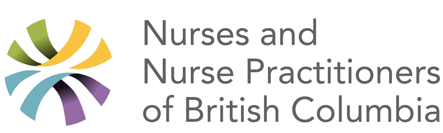 NNPBC Logo - Four coloured ribbons (green, yellow, blue, purple) in a circle with company name next to it (Nurses & Nurse Practitioners of BC)